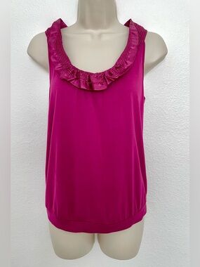 Anthropologie One September Sleeveless Satin Ruffle Scoop Neck Tank Top Magenta